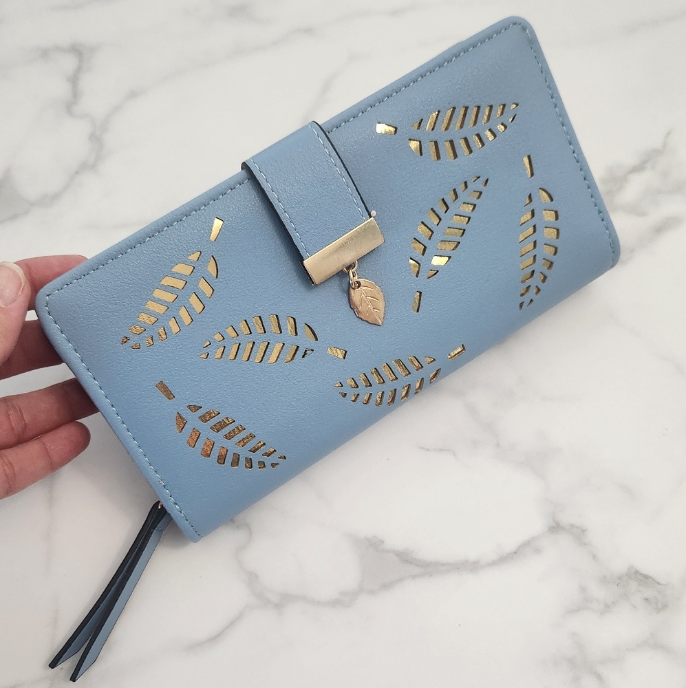 Womens Leaves Design Pu Leather Baby Blue Color Zipper Buckle Wallet